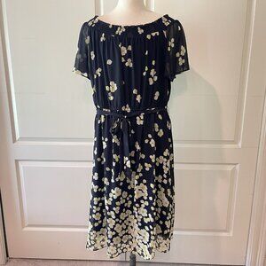 Studio One New York Dress 20W Floral Blue Yellow Tie Waist Lined